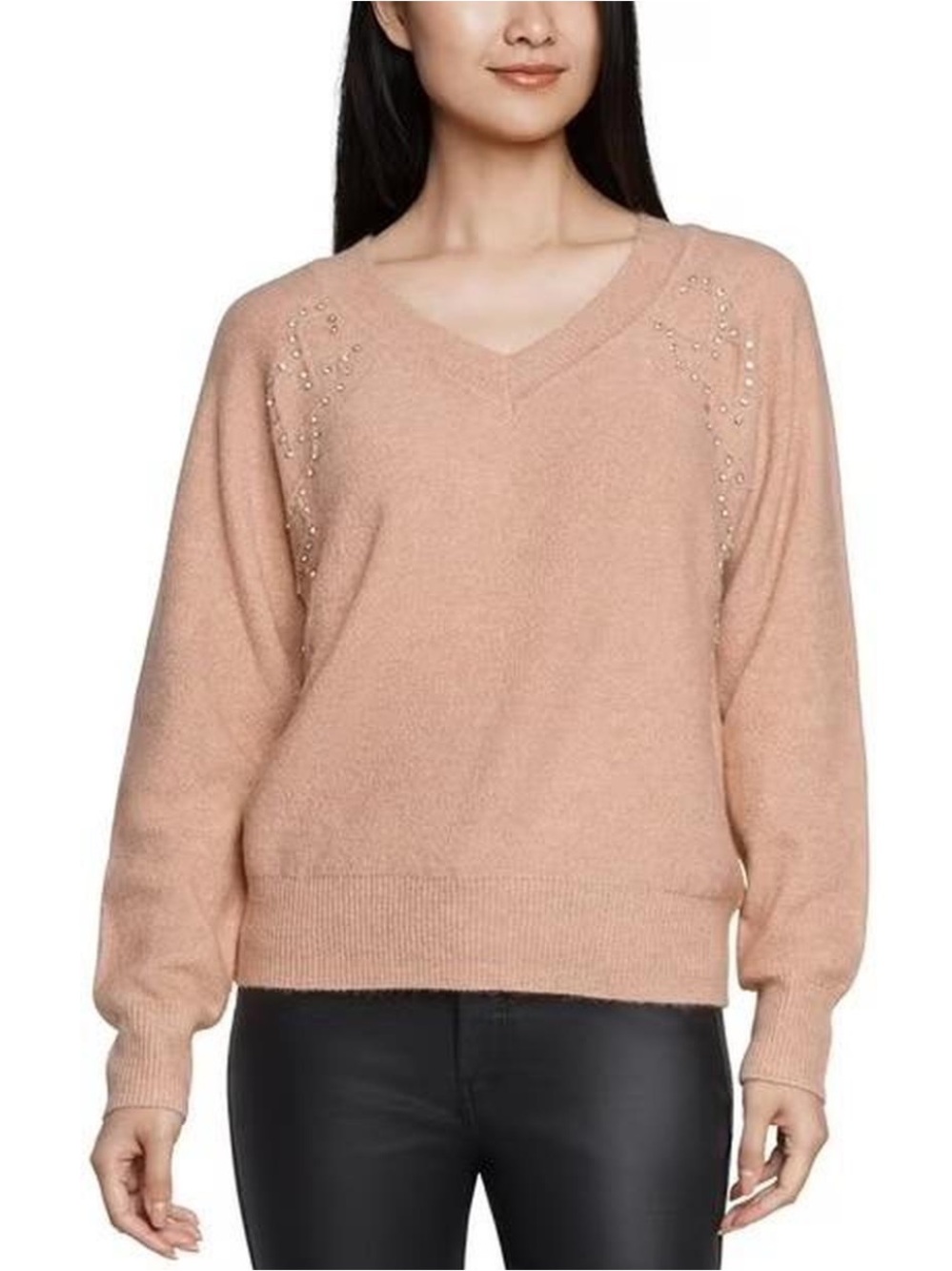 EXPRESS L Heather Pink Embellished Rhinestone Hearts V-Neck Sweater